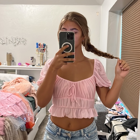 Light Pink Linen Rose Crop Top // Size S - Picture 2 of 2